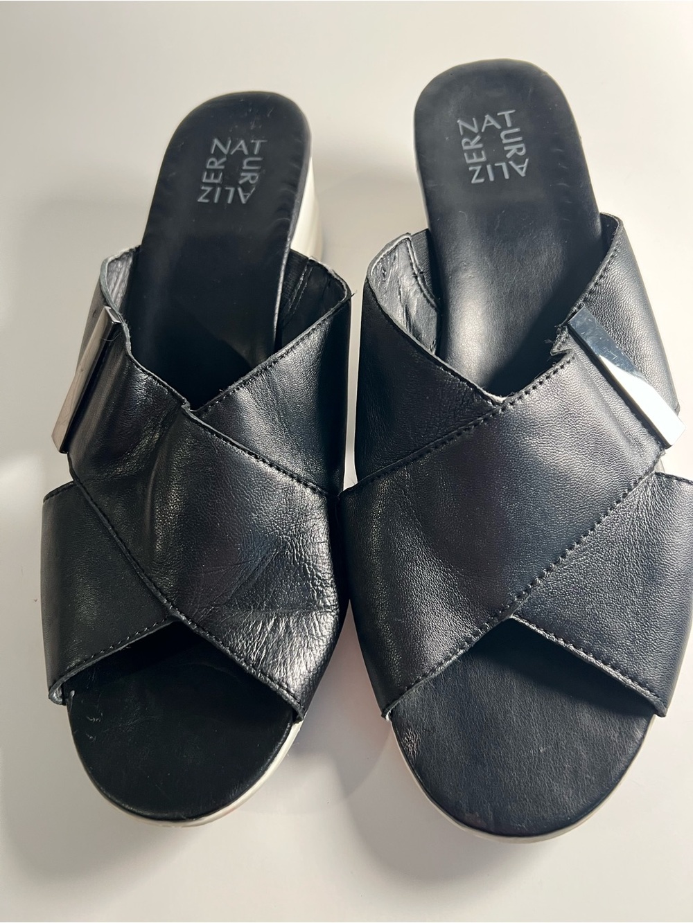 Naturalizer Black Leather Crisscross Mule Wedges with White Platform Size 12 - Picture 2 of 14